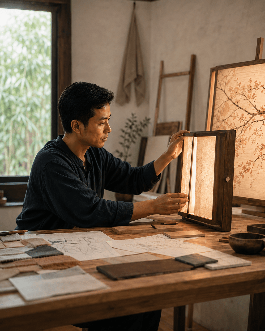 A HumanDen designer thoughtfully testing an illuminated artwork prototype