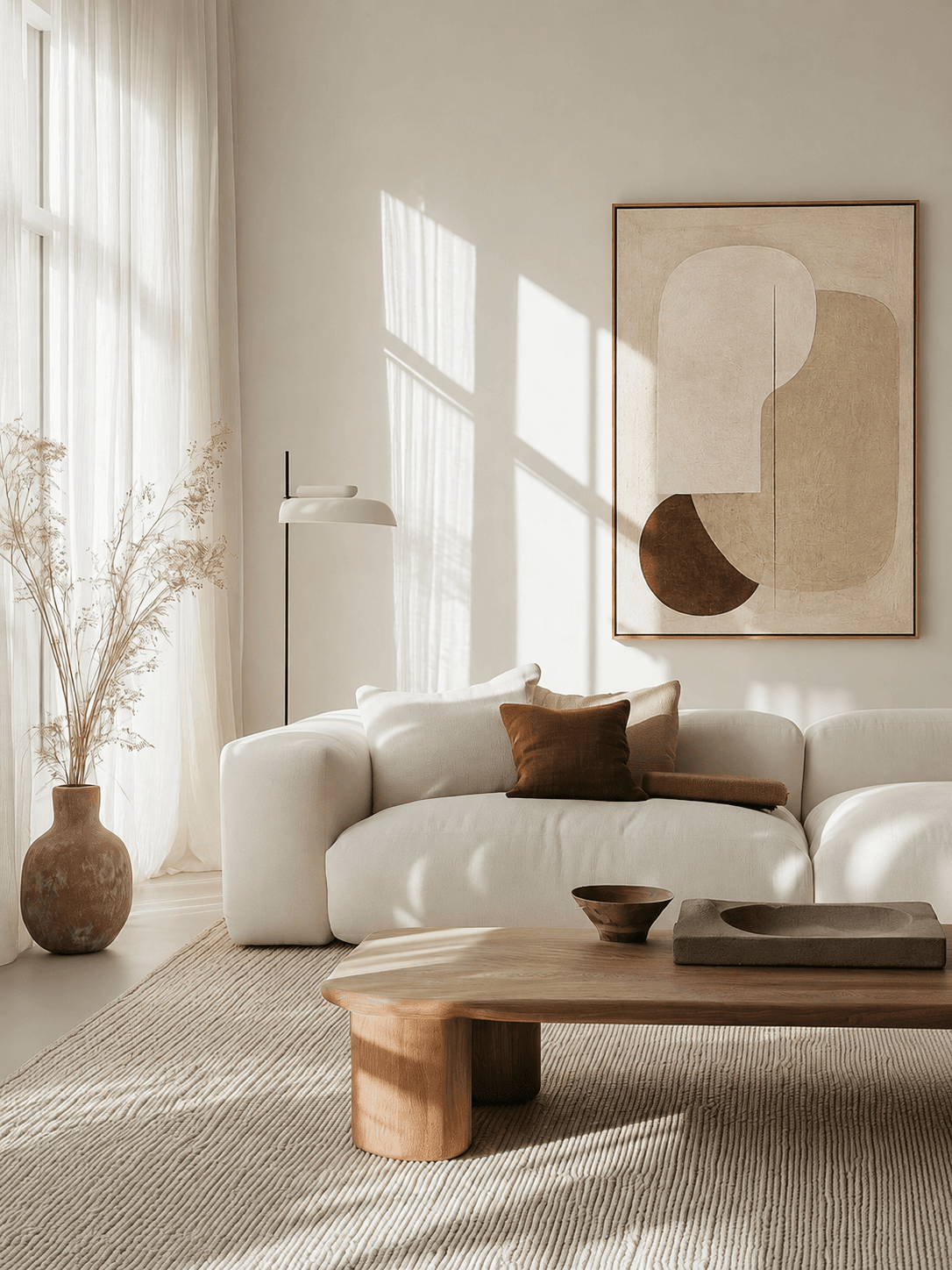 A warm, thoughtfully composed living room shaped by light, material, and art