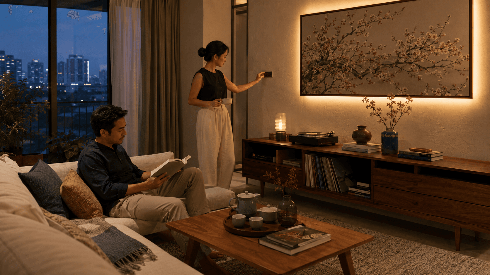 A couple living naturally with illuminated wall decor during a calm evening at home