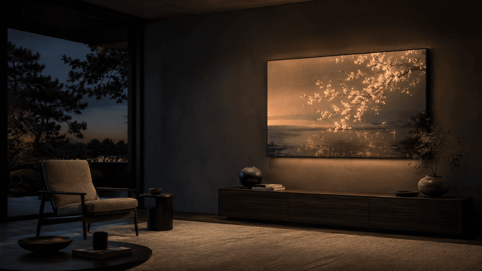 A calm living room warmed by illuminated wall art at night