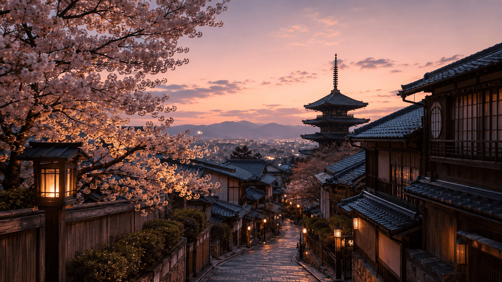 A tranquil Japanese hillside at dusk, framed by sakura and warm lantern light