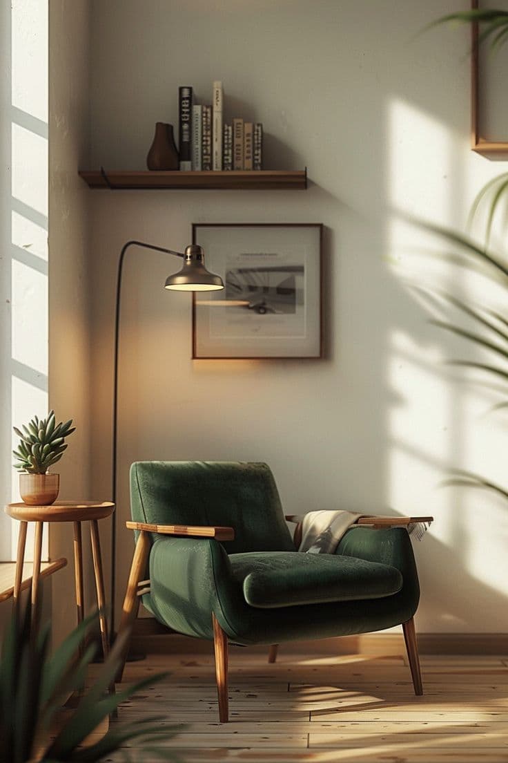 A calm reading corner where sunlight, material, greenery, and everyday ritual meet