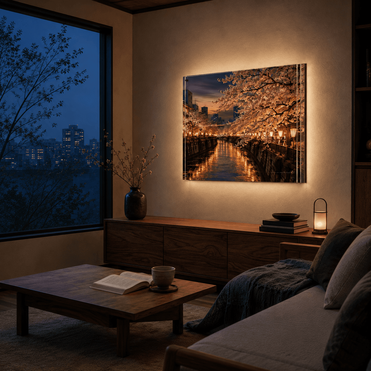 The controlled illumination effect of Sakura Reverie at blue hour