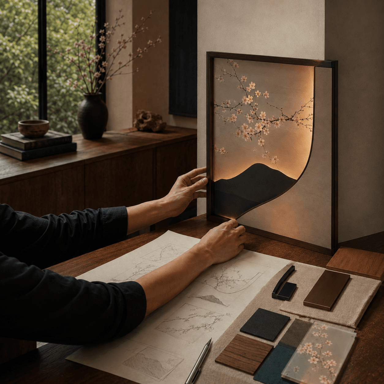 A designer carefully developing the materials, form, and illumination of Sakura Reverie